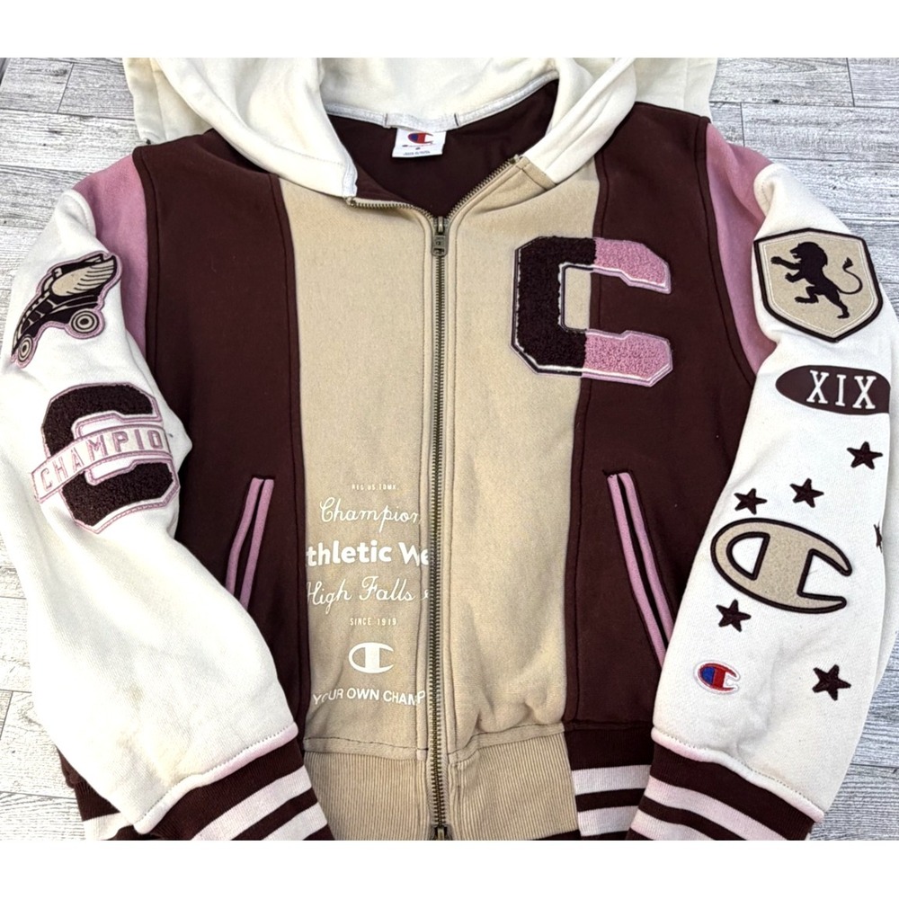 Champion Women's maroon and Cream Varsity Jacket Patches Roller Skate SMALL